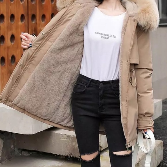 #9 Tan Faux Fur Parka Wind Breaker Hood Fleece Zip Rain coat water resistant - Picture 3 of 8